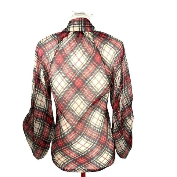 Tristan Sheer Red Black Green Gold and Grey Plaid Wrap FrontTie Blouse Size XS - Picture 5 of 13